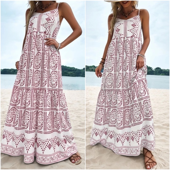 Boho Tropical Plants Print Cami Maxi Dress - Picture 3 of 6